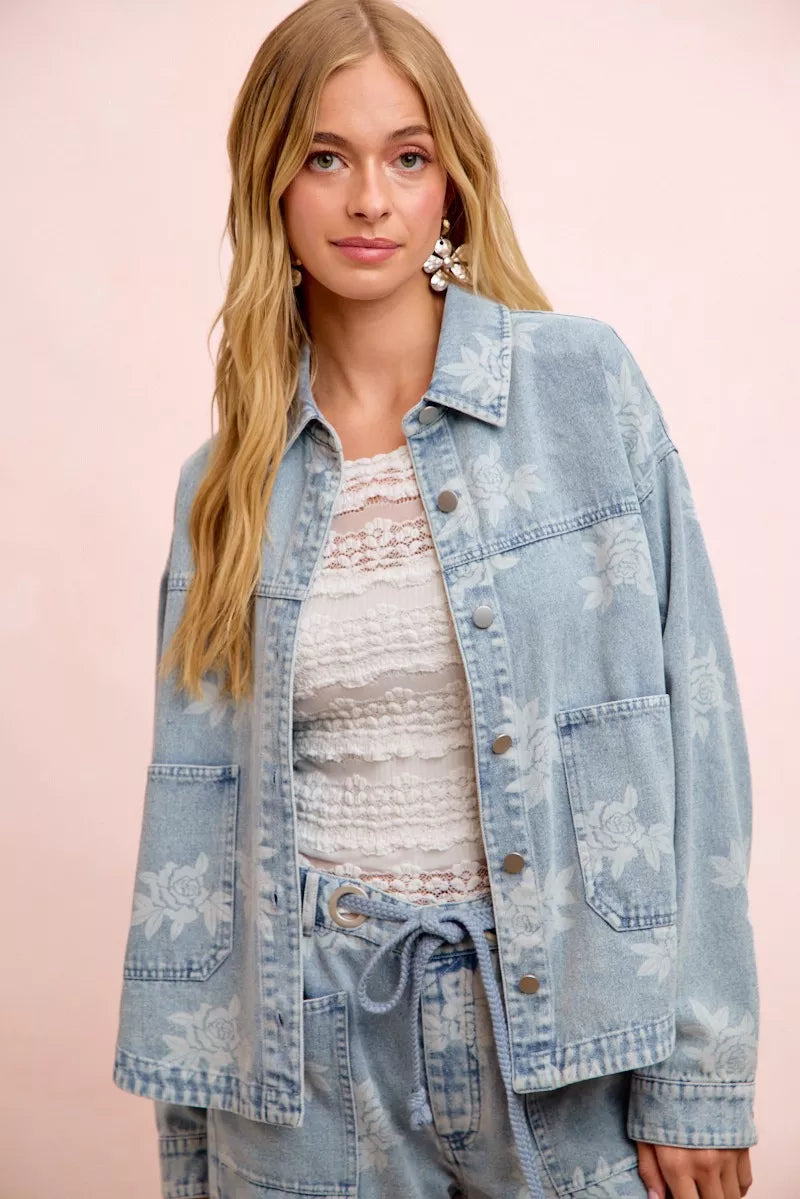 Trendsi BiBi printed washed denim jacket with front pocket, stylish casual outerwear for women.