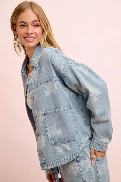 Trendsi BiBi printed washed denim jacket with front pocket, casual style, lightweight blue denim, and stylish design.