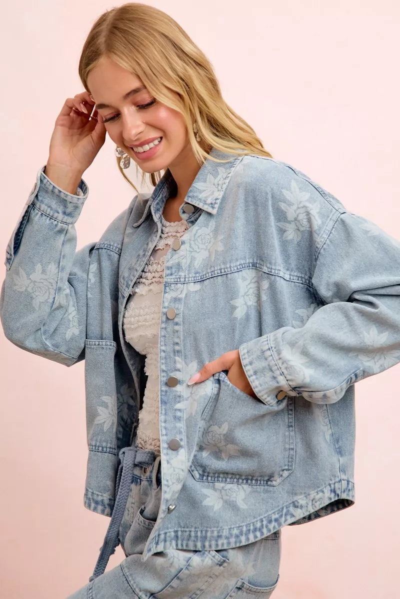 Trendsi BiBi printed washed denim jacket with front pocket, casual style, featuring colorful pattern and classic denim design.