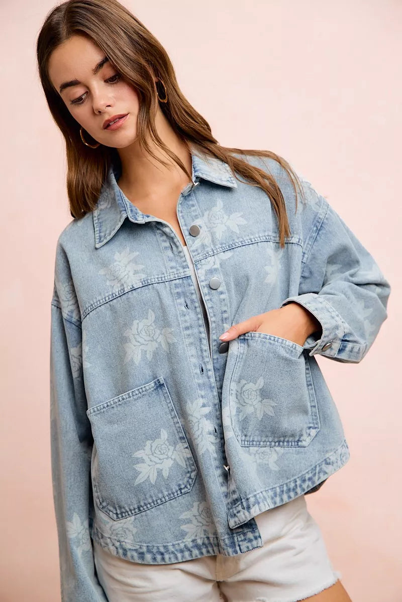 Trendsi BiBi printed washed denim jacket with front pocket, stylish casual outerwear for women.