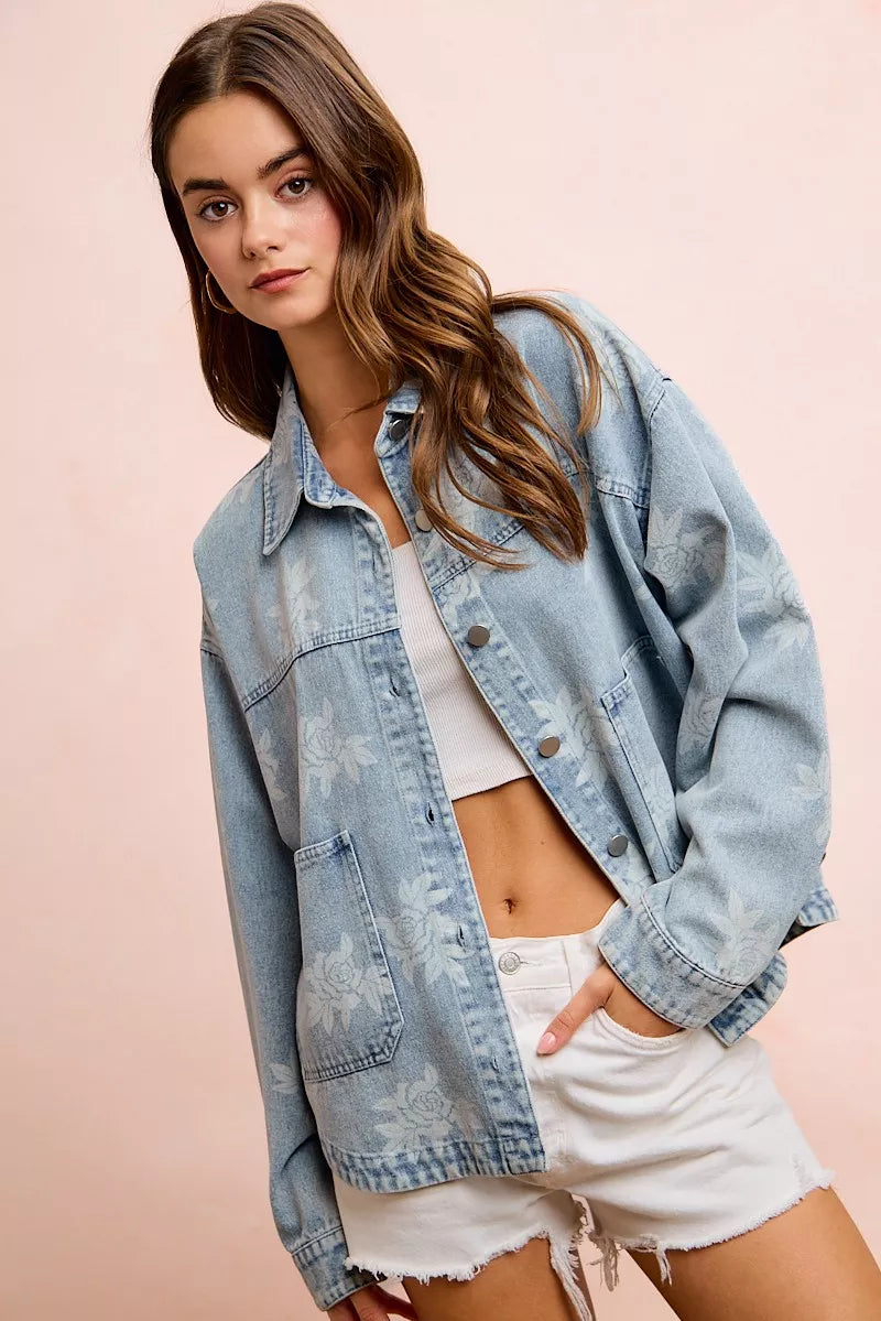 Trendsi BiBi printed washed denim jacket with front pocket, featuring a casual, stylish design and colorful printed details.