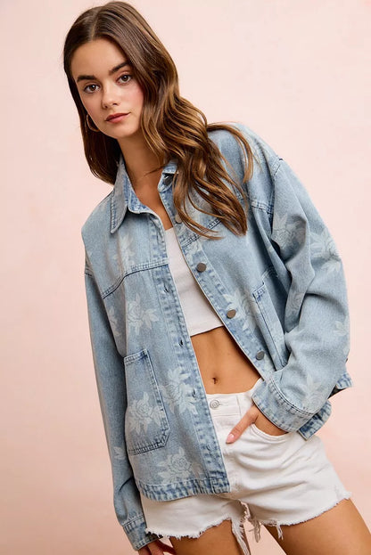 Trendsi BiBi printed washed denim jacket with front pocket, featuring a casual, stylish design and colorful printed details.