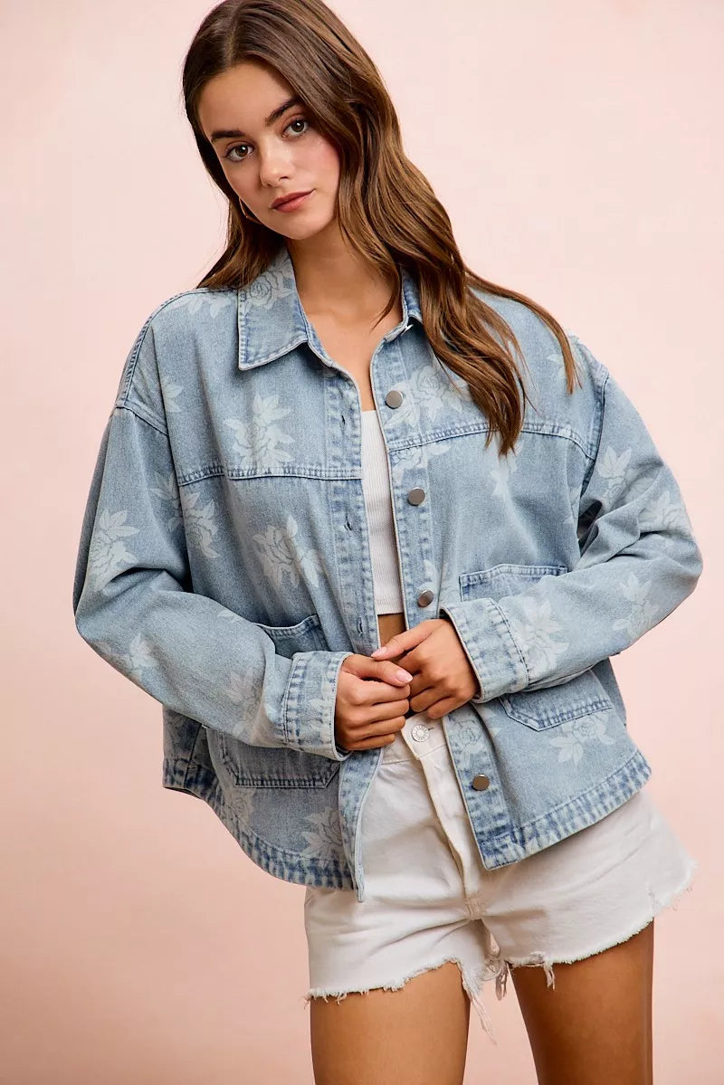 Trendsi BiBi printed washed denim jacket featuring front pockets and stylish design, perfect for casual wear.