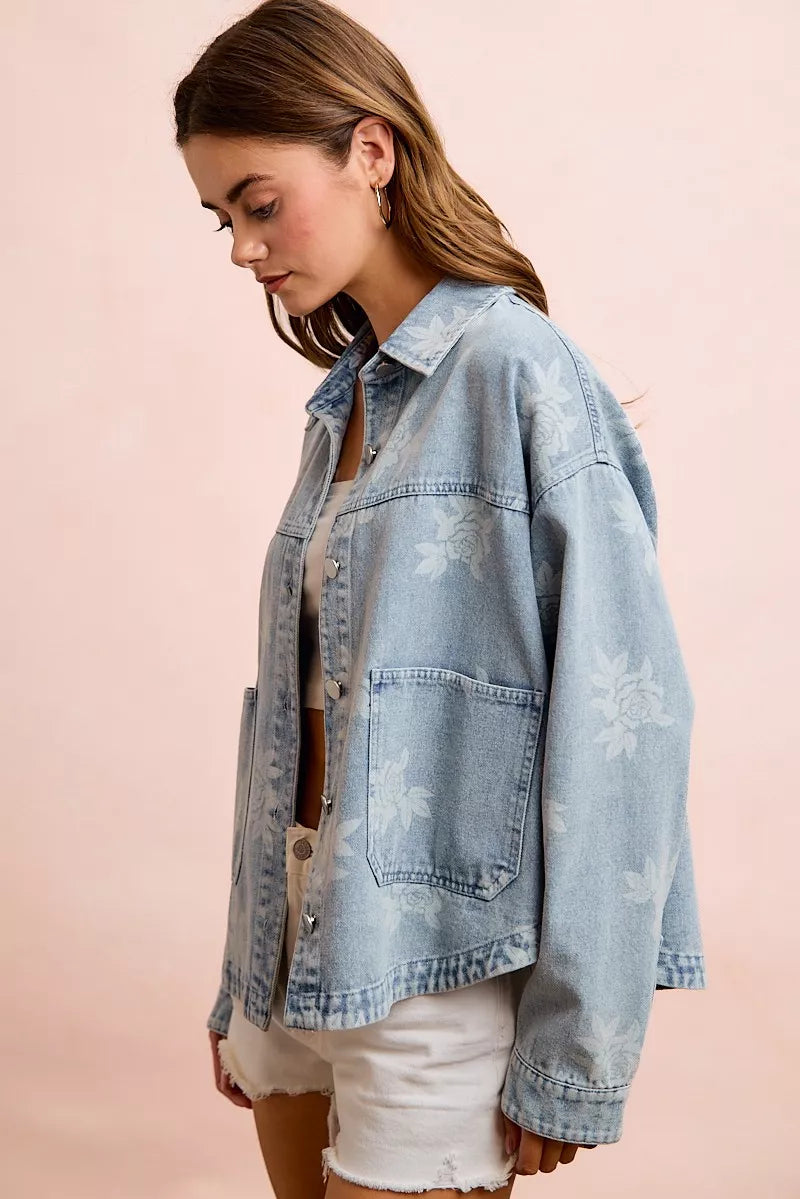 Trendsi BiBi printed washed denim jacket with front pocket, casual style, lightweight denim, and trendy design.