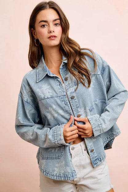 Trendsi BiBi printed washed denim jacket featuring a front pocket, stylish casual outerwear with a unique printed design.