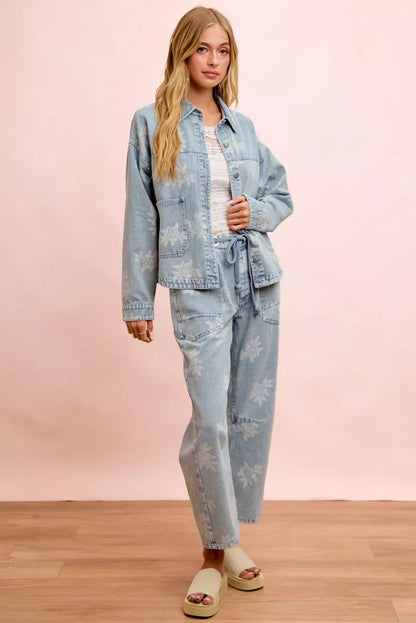 Trendsi BiBi printed washed denim jacket with front pocket, stylish casual jacket with unique print design and button closure.