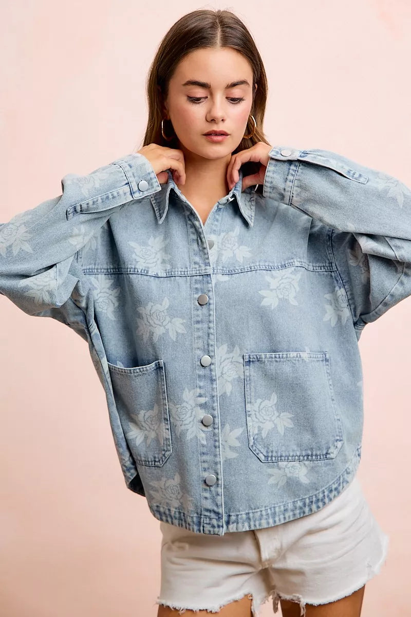 Trendsi BiBi printed washed denim jacket with front pocket, casual style, lightweight denim, and printed design.