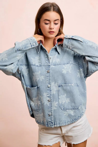 Trendsi BiBi printed washed denim jacket with front pocket, casual style, lightweight denim, and printed design.