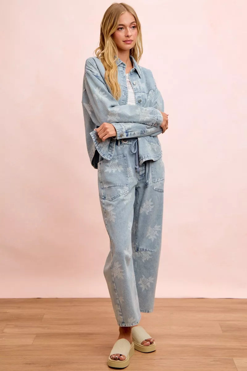 Trendsi BiBi printed washed denim jacket with front pocket, stylish casual outerwear for women.