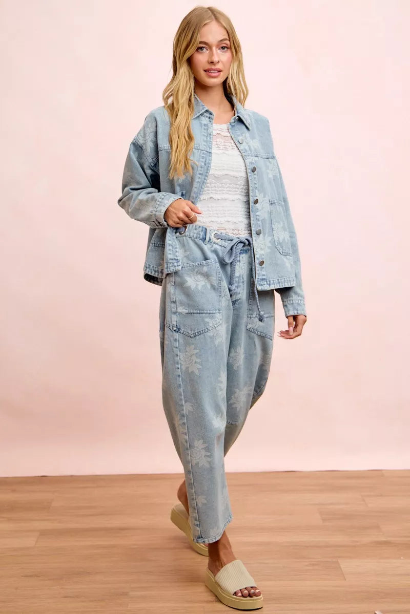 Trendsi BiBi printed washed denim jacket with front pocket, casual stylish outerwear for women.