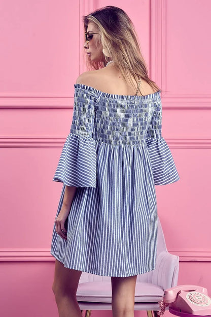 BiBi Smocked Off Shoulder Striped Dress by Trendsi, featuring a fitted bodice and casual striped pattern, perfect for summer wear.