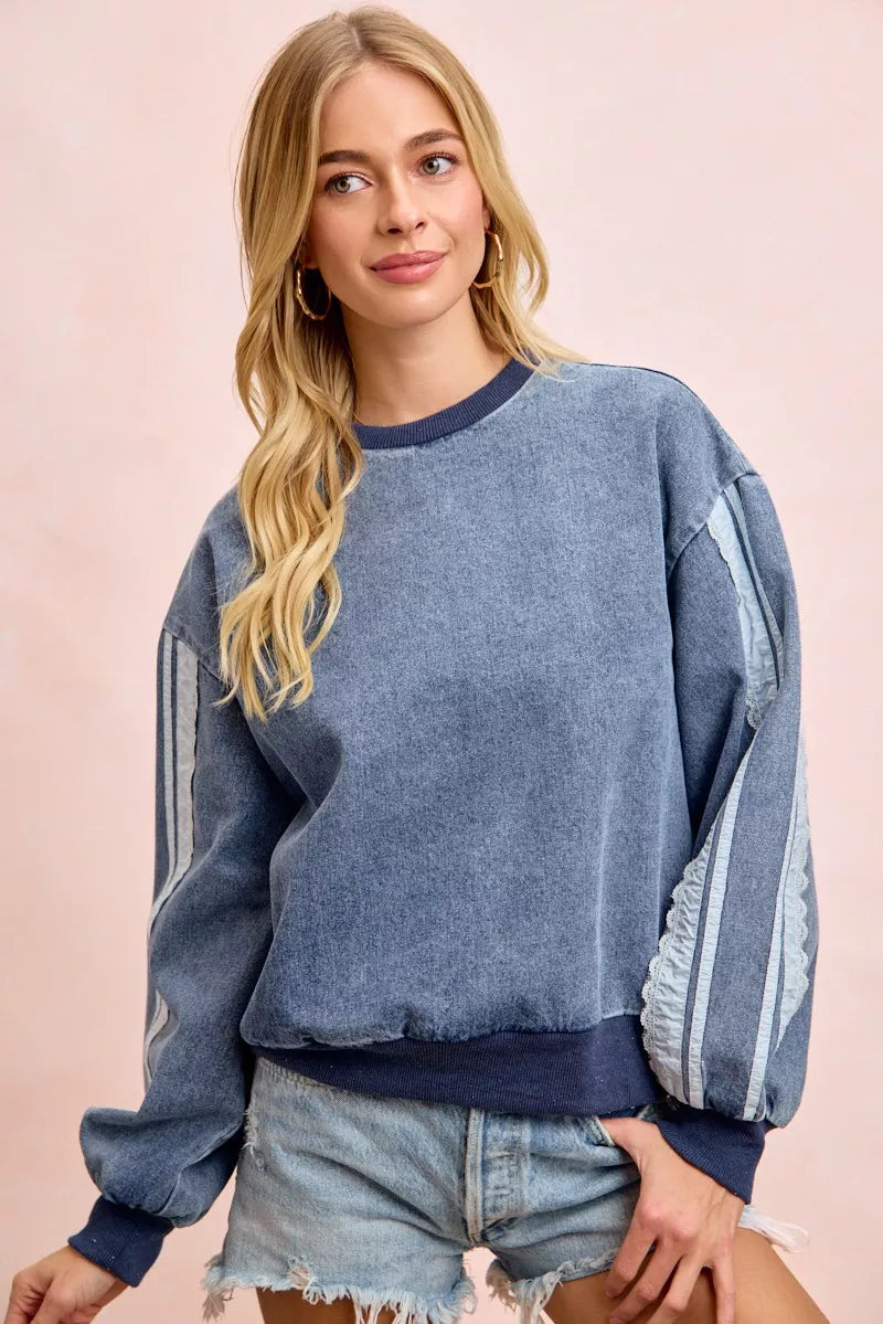 Trendsi BiBi washed denim sweatshirt with lace contrast sides, casual long-sleeve top, stylish denim fabric and relaxed fit.