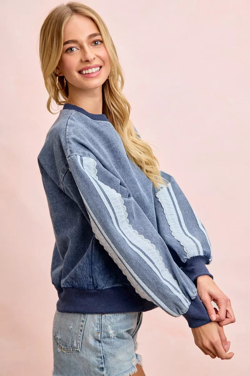 BiBi Washed Denim Lace Contrast Sided Sweatshirt featuring denim fabric and lace details, stylish and casual for everyday wear.