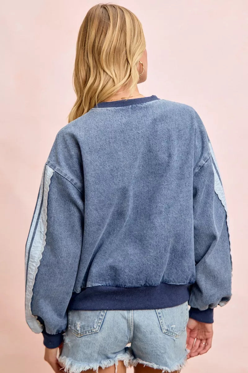Trendi BiBi washed denim sweatshirt with lace contrast sides, casual style, featuring a relaxed fit and stylish denim fabric.