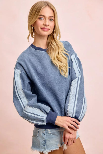 Trendsi BiBi Washed Denim Lace Contrast Sided Sweatshirt showing denim fabric, lace details, and casual fit.