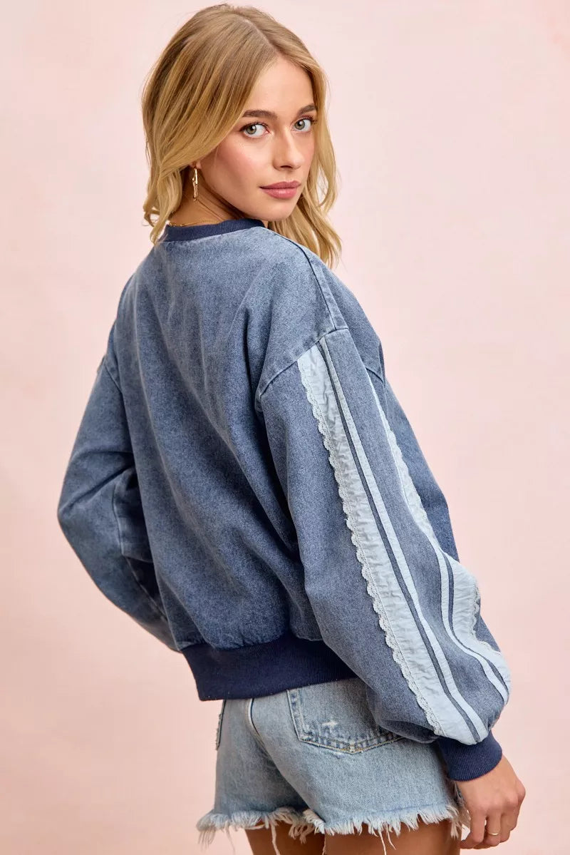 BiBi washed denim sweatshirt with lace contrast sides, casual and stylish denim top by Trendsi.