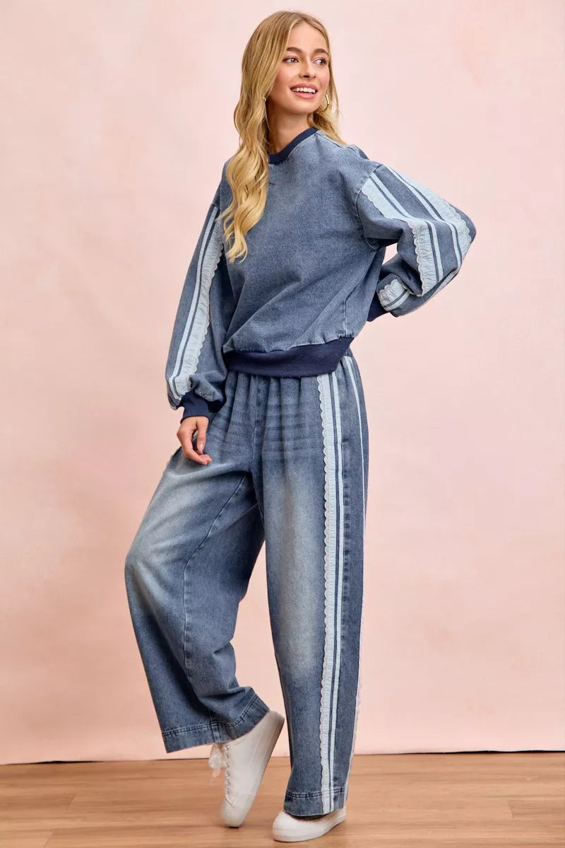 BiBi washed denim lace contrast side sweatshirt by Trendsi, featuring a relaxed fit and stylish denim fabric with lace accents.