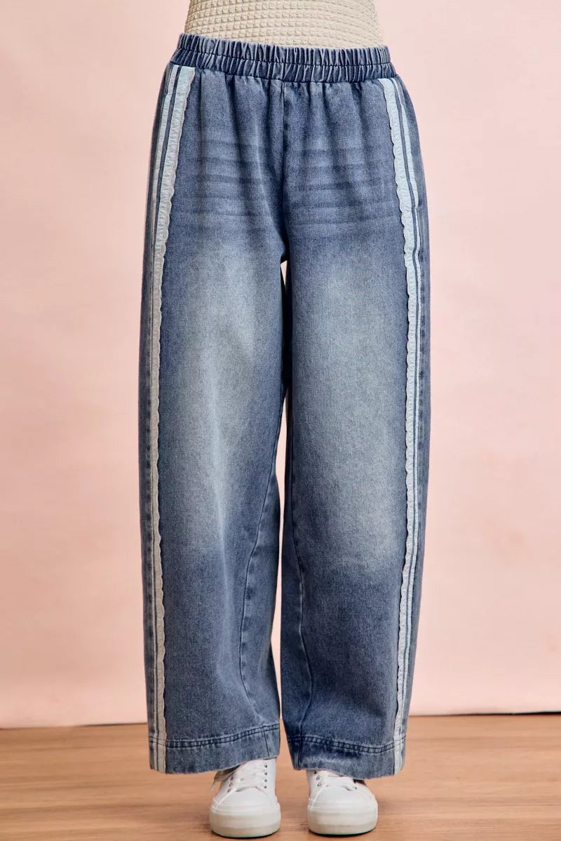 Trendsi BiBi washed lace contrast-sided jeans featuring distressed denim and lace details for a stylish casual look.