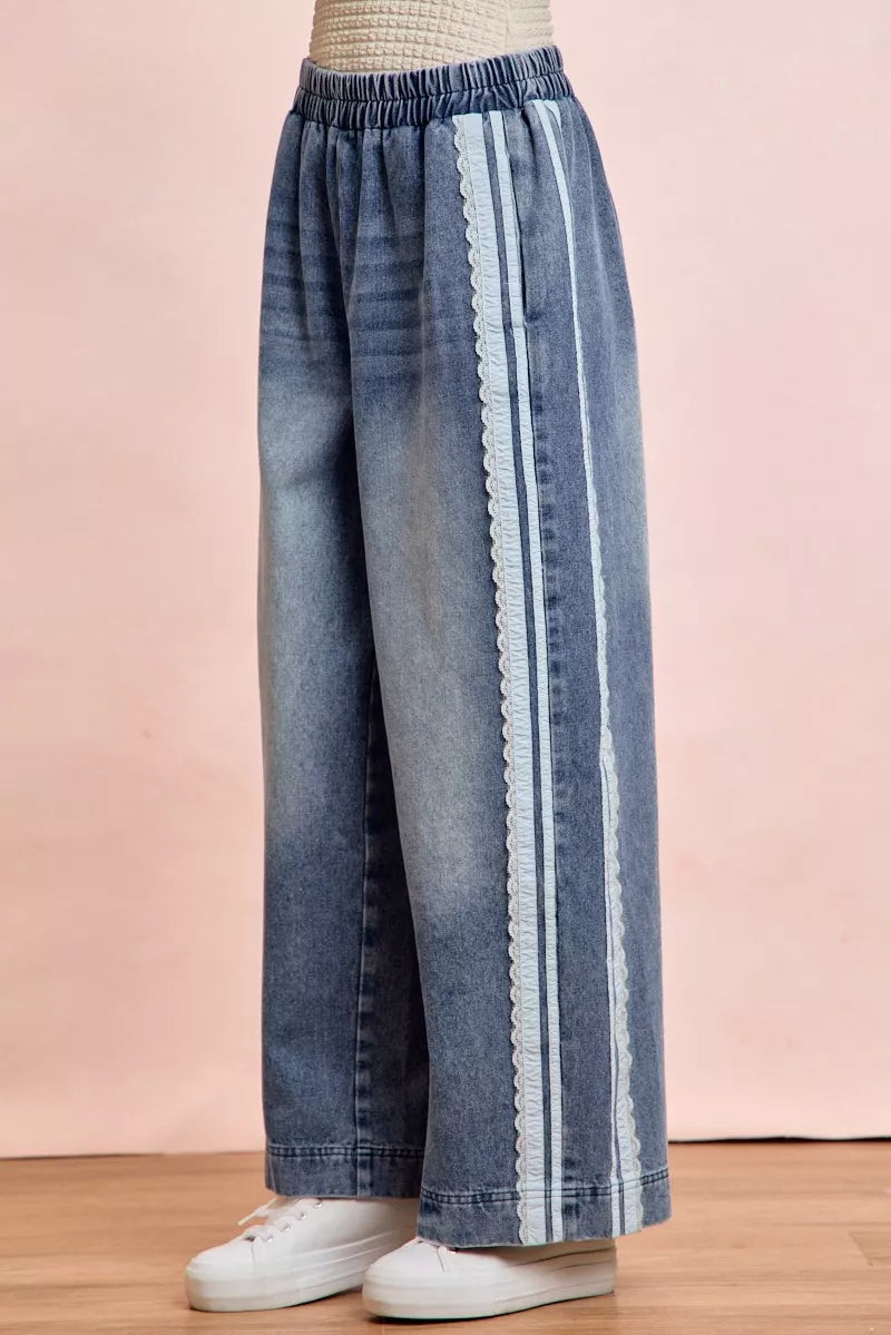 Trendsi BiBi washed lace contrast-sided jeans featuring distressed denim and lace details, casual and stylish for everyday wear.