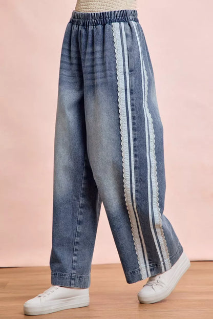 Trendsi BiBi Washed Lace Contrast Sided Jeans featuring distressed denim and lace side panels on a model.