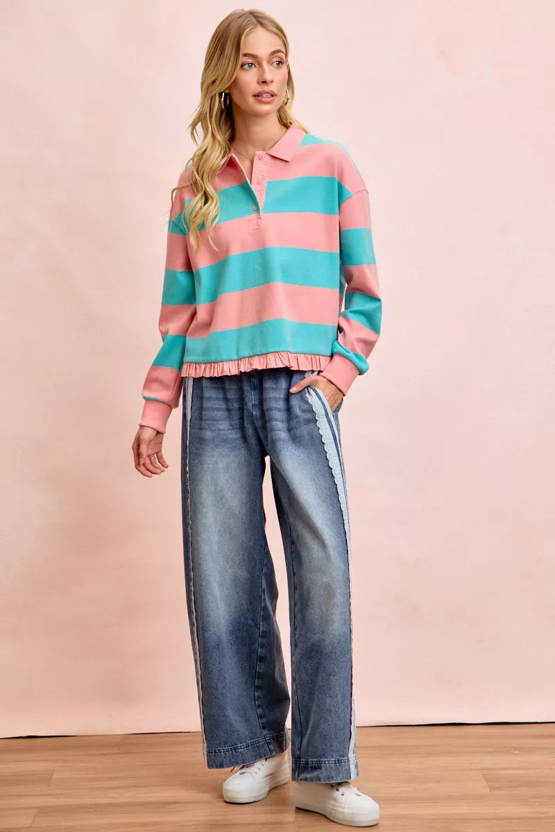 Trendsi BiBi Washed Lace Contrast Sided Jeans showing distressed denim with lace panels on the sides and a relaxed fit.