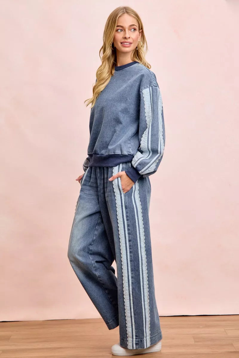 Trendsi BiBi Washed Lace Contrast Sided Jeans showing distressed denim with lace detailing on the sides.