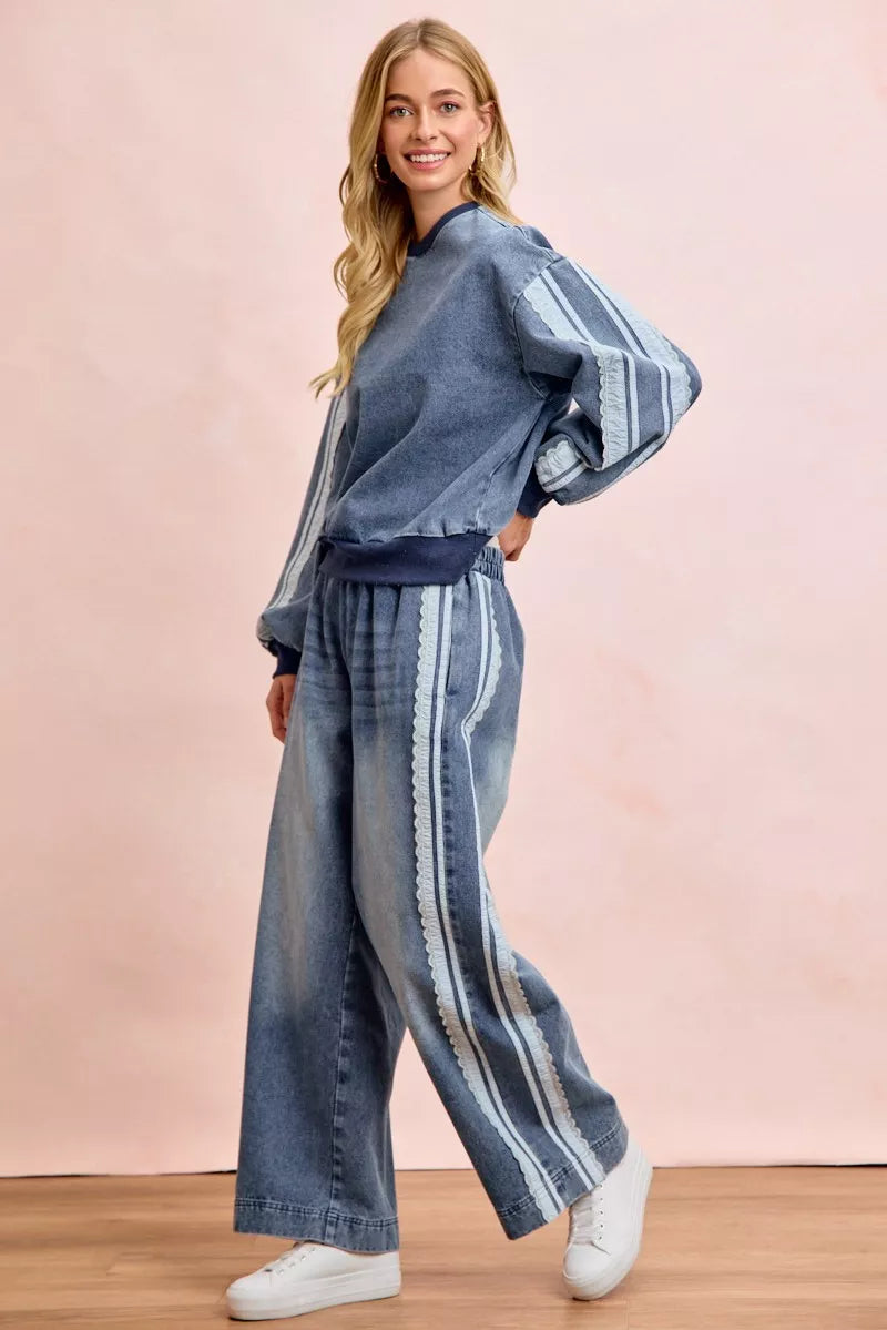 Trendsi BiBi Washed Lace Contrast Sided Jeans showing distressed denim with lace accents on the sides and a slim fit.