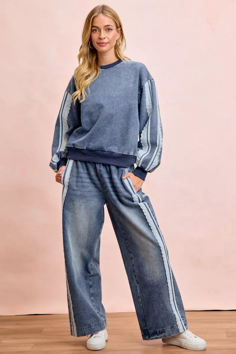 Trendsi BiBi washed lace contrast-sided jeans featuring distressed denim, lace details on the sides, and a classic blue wash.