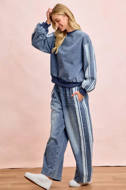 Trendsi BiBi washed lace contrast-sided jeans showing distressed denim with lace panel accents and a relaxed fit.
