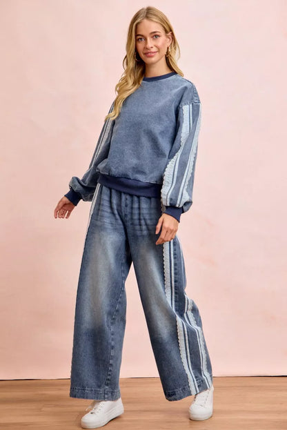 Trendsi BiBi washed lace contrast-sided jeans showing distressed denim with lace details and a slim fit design.
