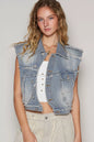 Trendsi asymmetrical front closure raw hem denim vest with distressed details, casual sleeveless style, and fitted design.