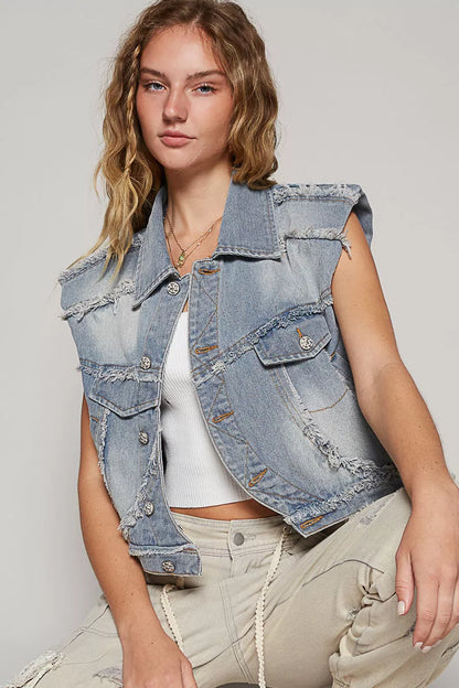 Trendsi POL asymmetrical front closure raw hem denim vest with distressed details and sleeveless design.