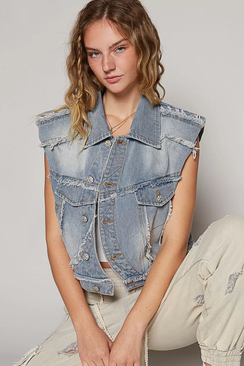 Trendsi asymmetrical front closure raw hem denim vest featuring unique design, sleeveless style, and trendy raw hem detail.