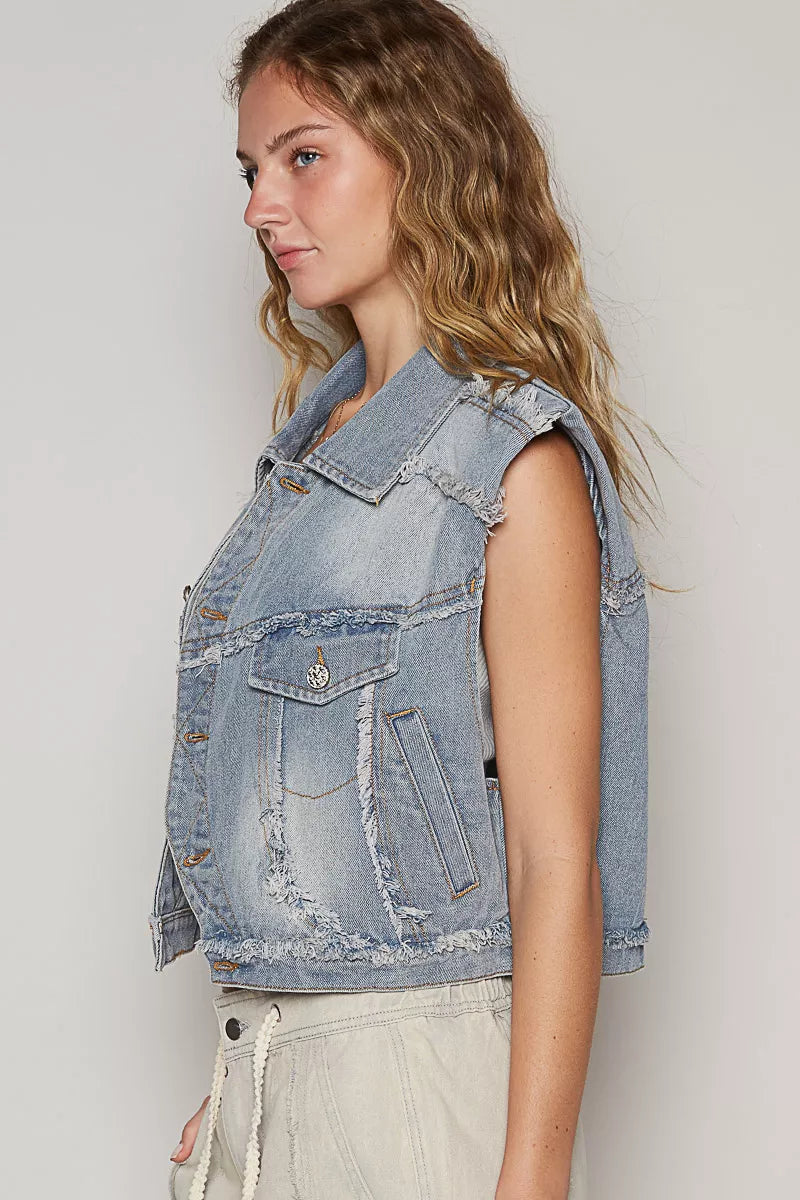 Trendsi asymmetrical front closure raw hem denim vest featuring a stylish, edgy design and classic blue denim fabric.