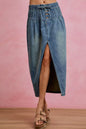 Trendsi SO ME pleated washed denim skirt with front slit, stylish casual skirt with a high waist and pleated design.