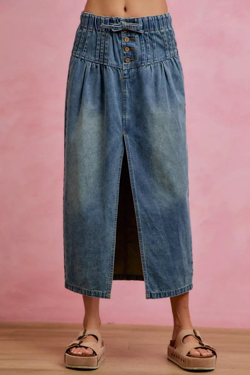 Trendsi SO ME pleated washed denim skirt with front slit, featuring a stylish design and casual denim texture.