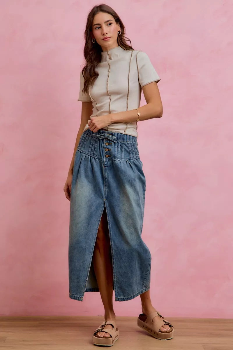 Trendsi SO ME pleated washed denim skirt with front slit, showcasing a stylish, casual denim skirt design.