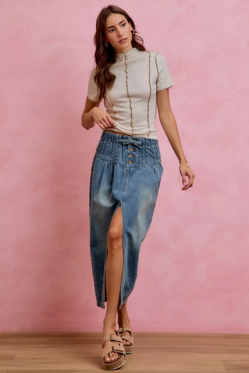 Trendsi SO ME pleated washed denim skirt with front slit, stylish casual skirt featuring a high waist and flowing pleats.