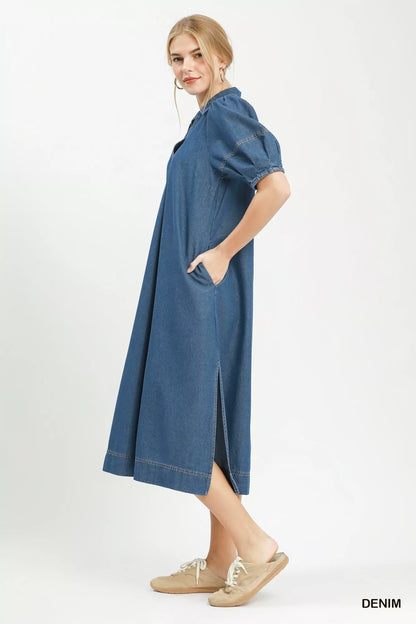 Umgee chambray collared puff sleeve dress, casual denim style, with a button-up front and feminine puff sleeves.