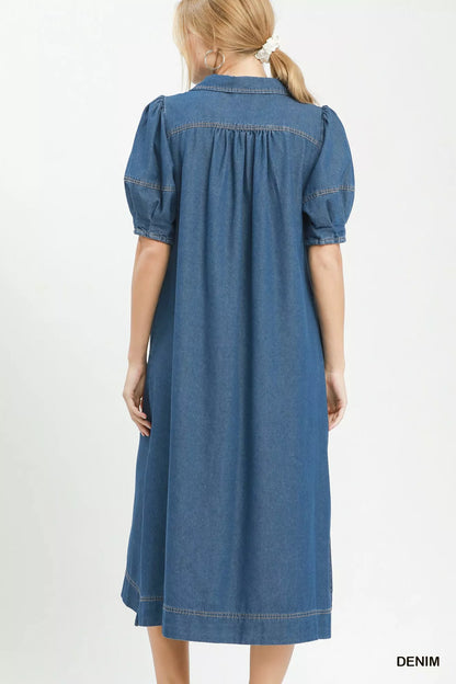 Umgee chambray collared puff sleeve dress, casual women's dress with button front and relaxed fit, styled on model.