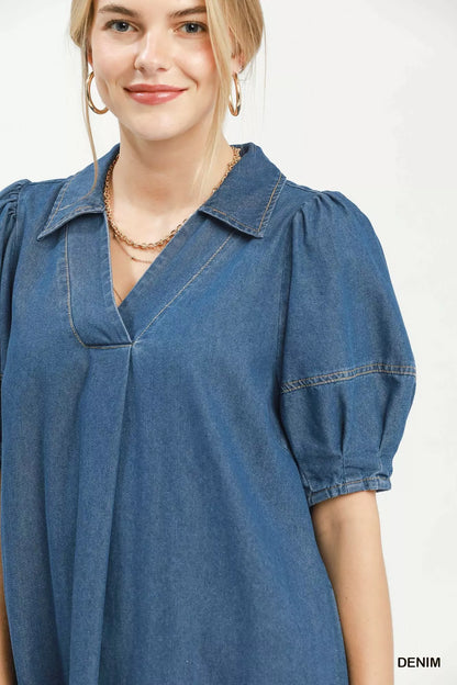 Umgee chambray collared dress with puff sleeves, stylish women's casual dress featuring a button-front design and relaxed fit.