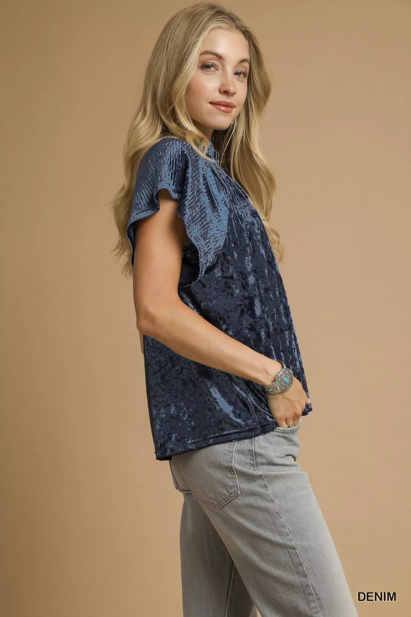 Trendsi Umgee crushed velvet pleated blouse in deep color, featuring a flowing design and elegant texture.