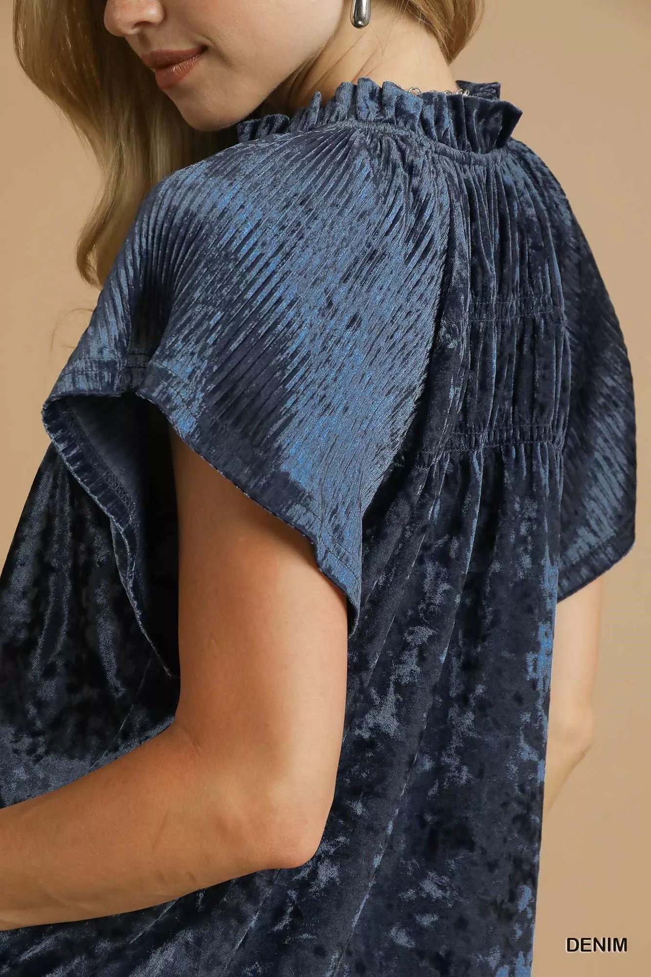 Trendsi Umgee crushed velvet pleated blouse in deep burgundy, featuring a relaxed fit and elegant pleats for stylish wear.