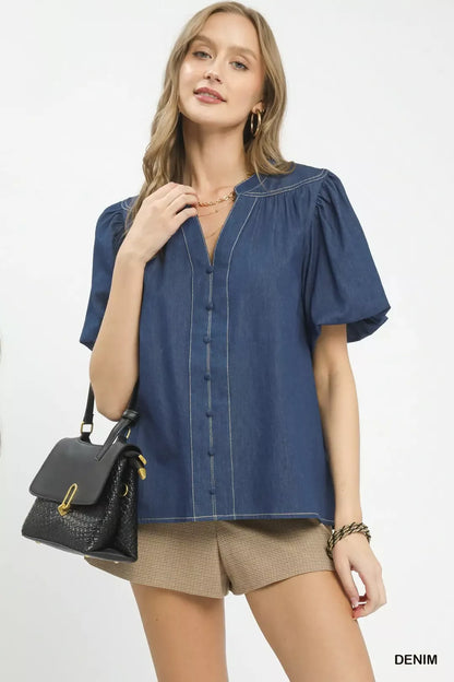 Umgee denim boho blouse with button front and puff sleeves, stylish casual top for a relaxed, trendy look.