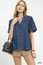 Umgee denim boho blouse with button front and puff sleeves, stylish casual top for a relaxed, trendy look.