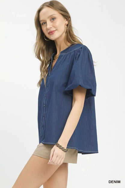 Umgee denim button-front boho blouse with puff sleeves, stylish and casual, perfect for a trendy bohemian look.