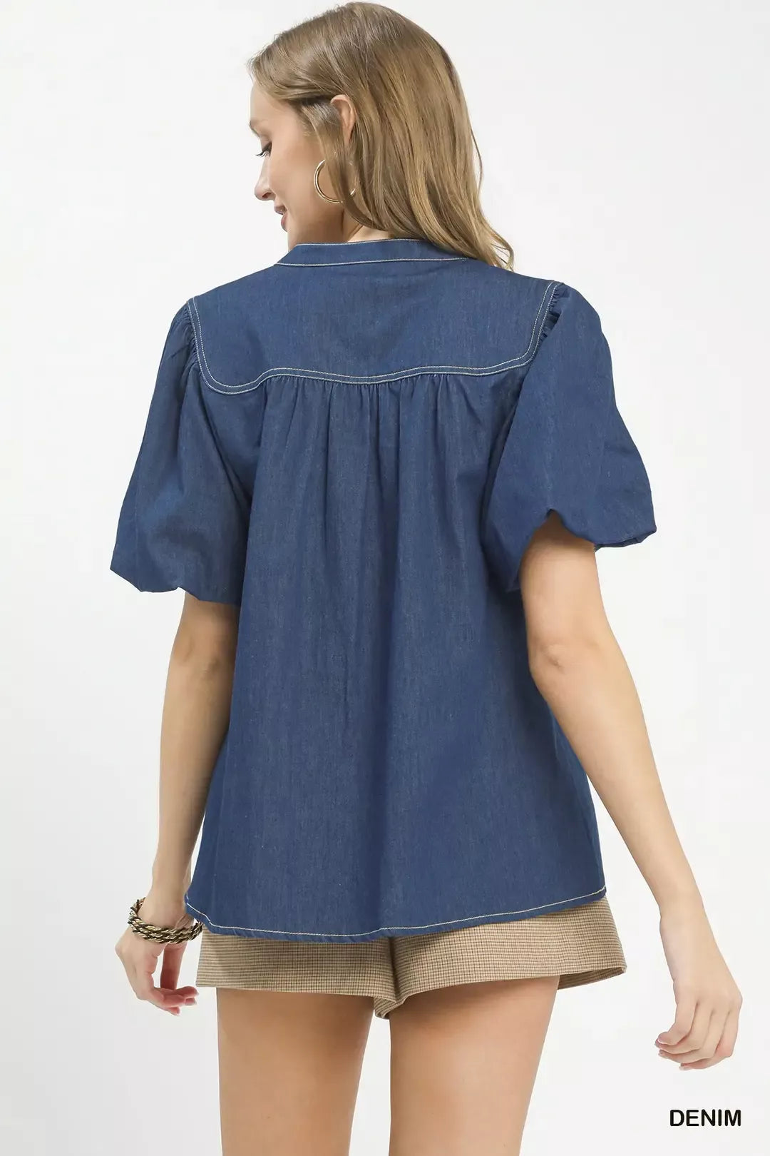 Umgee denim button-front boho blouse with puff sleeves, featuring a relaxed fit and casual denim style.