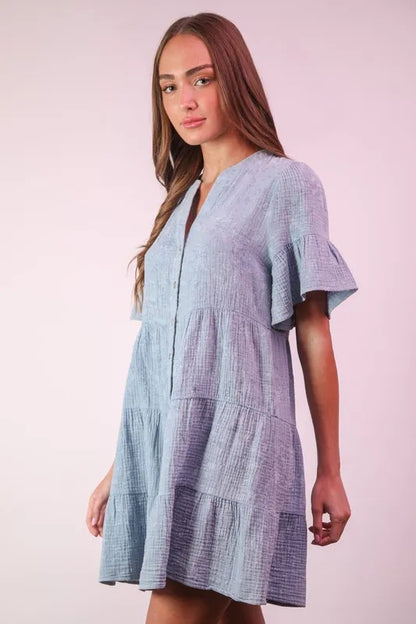 Mineral washed baby bell sleeve woven mini dress by Very J, featuring a stylish design and lightweight fabric.