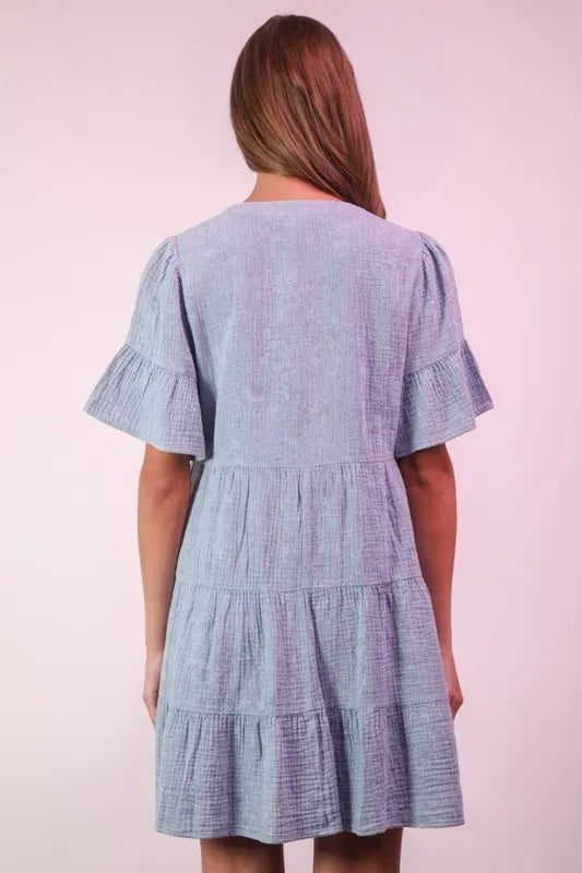 Mineral washed baby bell sleeve woven mini dress by Very J for a casual, stylish look