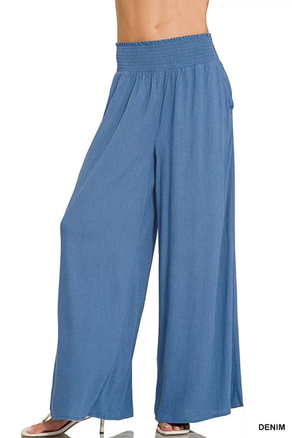 Zenana wide-leg lounge pants with smocked waistband, stylish and comfortable denim-style casual pants by Trendsi.